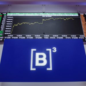 Fotografia da sede da B3 com logo da empresa abaixo e um painel do Ibovespa acima. A matéria trata de projeção do Ibovespa para 2025.