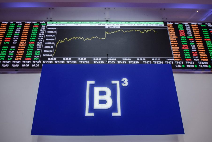 Fotografia da sede da B3 com logo da empresa abaixo e um painel do Ibovespa acima. A matéria trata de projeção do Ibovespa para 2025.