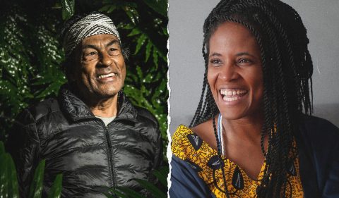 Os escritores Aílton Krenak (esquerda) e Djamila Ribeiro farão parte da 1ª Feira do Livro de São Paulo, de 8 a 12 de junho. - Foto: Guito Moreto/Agência O Globo e Marcos Alves/Agencia O Globo