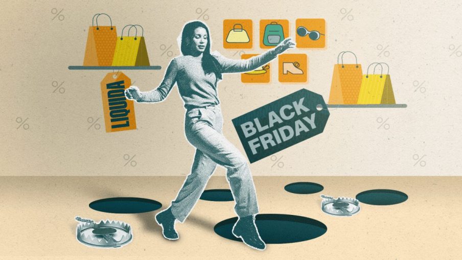 Ilustração de uma mulher fazendo compras com uma tag escrito "Black Friday".