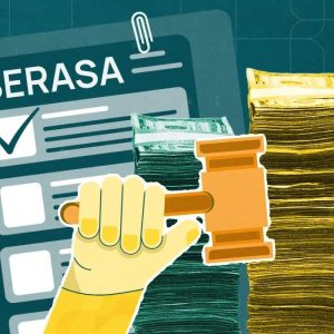 Ilustração de um documento do serasa, uma pilha de dinheiro e uma mão batendo com um malhete.