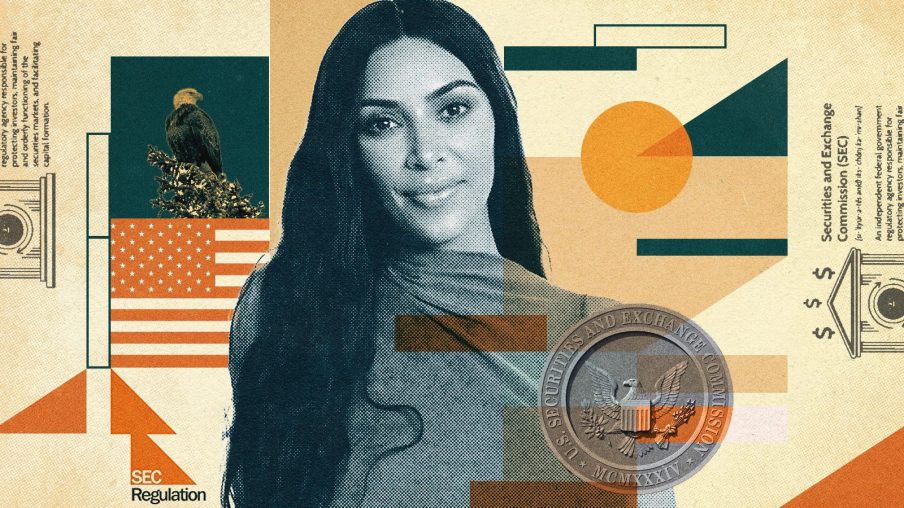 Ilustração com Kim Kardashian e elementos que remetem ao SEC. Instituição fiscal norte-americana multou a influenciadora milionária.