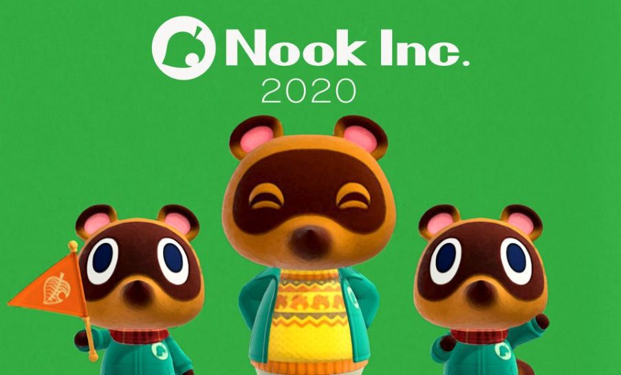 Foto do personagem Tom Nook, de Animal Crossing, com o logo ao fundo com os dizeres "Nook Inc. 2020"