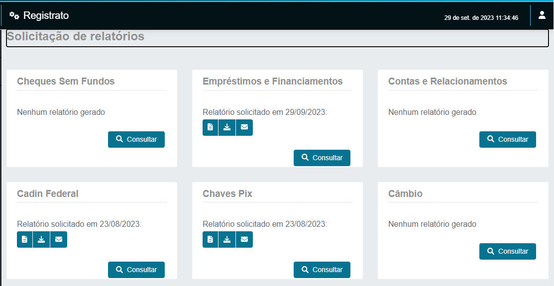 Página inicial do Registrato com as opções de relatórios disponíveis