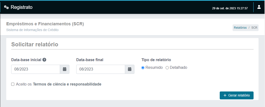 Página para solicitar o relatório do Registrato do Bacen sobre dívidas e financiamentos