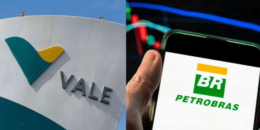 Montagem de duas fotos; a da esquerda contém um prédio da Vale (VALE3) com o logo da empresa; a segunda mostra um celular com o logo da Petrobras (PETR4). A matéria analisa a perspectiva de dividendos das companhias para 2024.