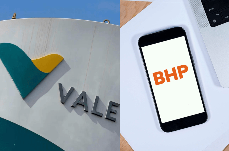 Colagem de fotos com os logos de Vale (VALE3) e BHP Group (BHP).