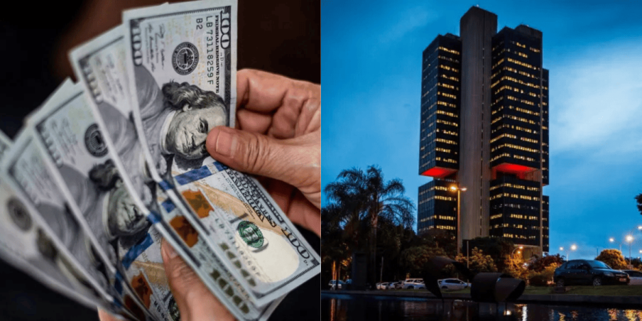 Montagem de fotos lado a lado de cédulas de dólar à esquerda e uma foto do edifício do Banco Central em Brasília, à direita. A matéria explica o recorde de cotação do dólar mesmo com leilões do BC.