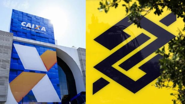 Montagem de fotos de agência da Caixa Econômica Federal à direita e prédio do Banco do Brasil à esquerda para ilustrar matéria sobre as ações de BB Seguridade (BBSE3), ações de Caixa Seguridade (CXSE3) e seus dividendos